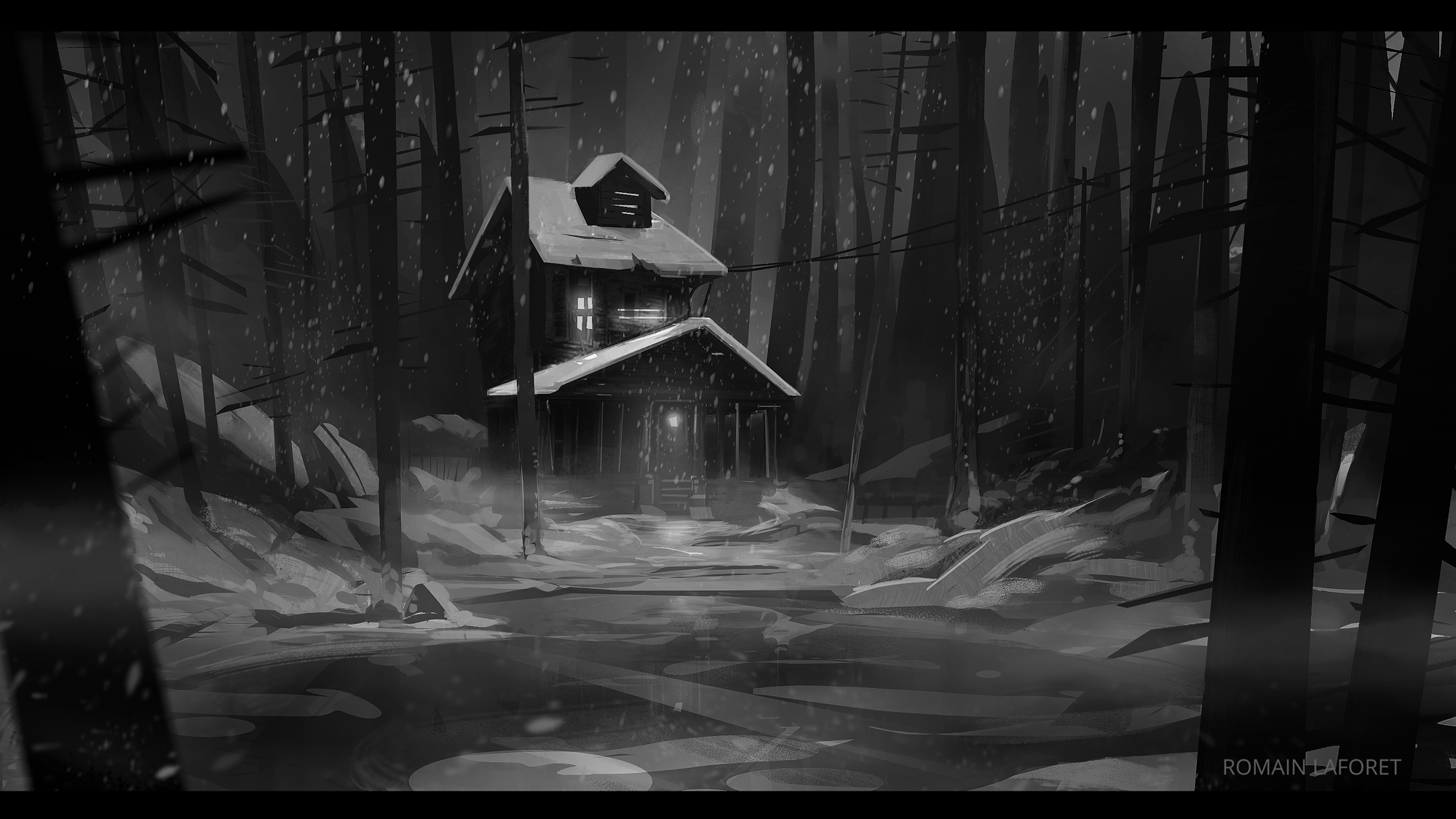creepy cabin romain laforet concept art noir et blanc